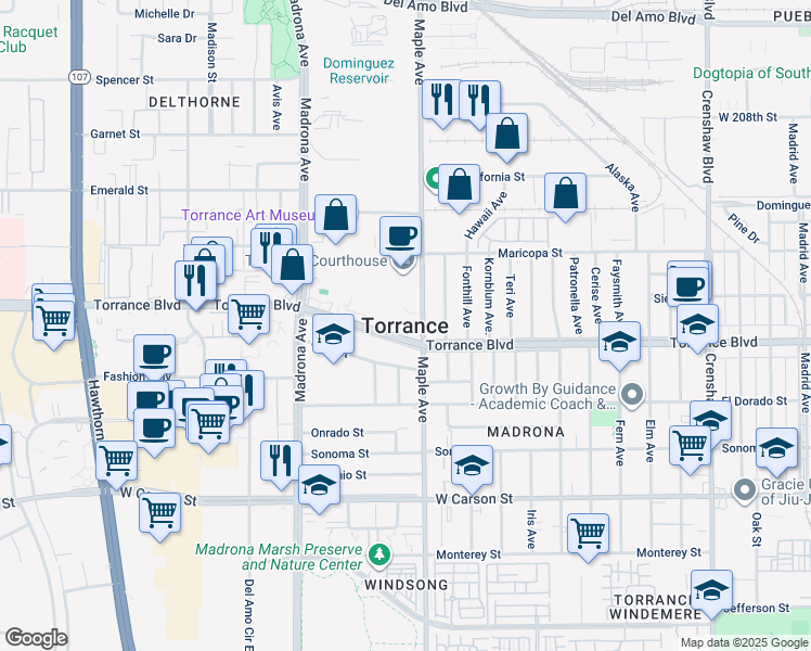 map of restaurants, bars, coffee shops, grocery stores, and more near 4325 West 182nd Street in Torrance