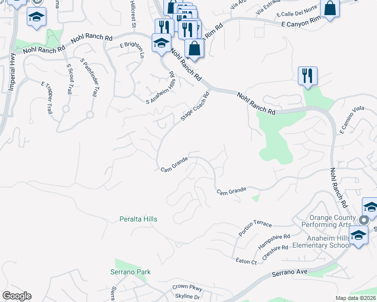 map of restaurants, bars, coffee shops, grocery stores, and more near 771 South Tourmaline Court in Anaheim