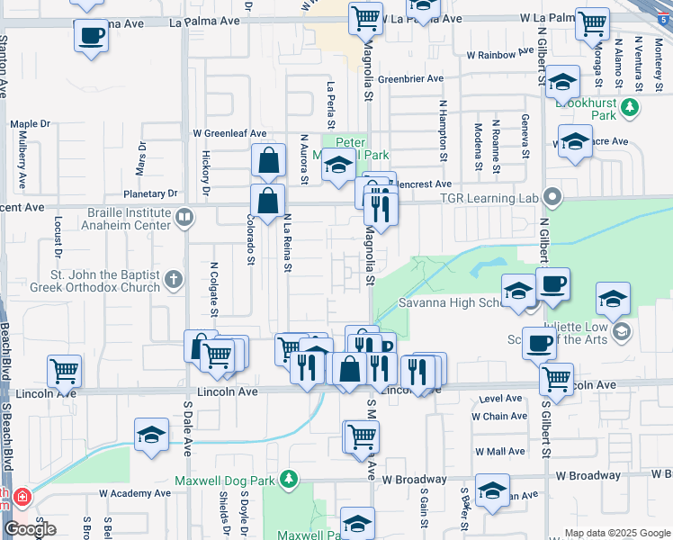 map of restaurants, bars, coffee shops, grocery stores, and more near 2709 West Madison Circle in Anaheim