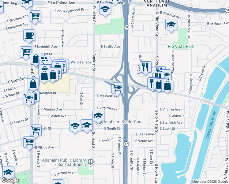 map of restaurants, bars, coffee shops, grocery stores, and more near 408 South Hilda Circle in Anaheim