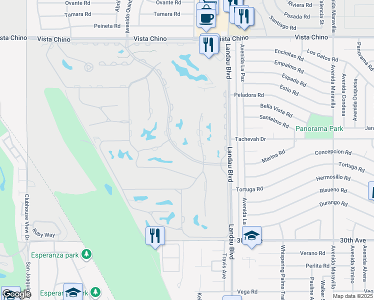 map of restaurants, bars, coffee shops, grocery stores, and more near 29168 Desert Princess Drive in Cathedral City