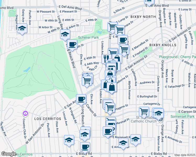 map of restaurants, bars, coffee shops, grocery stores, and more near 4419 Linden Avenue in Long Beach