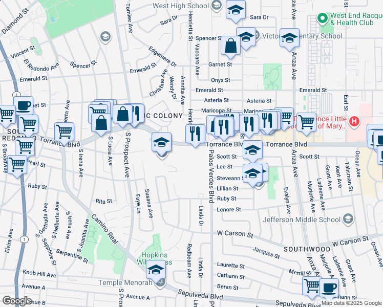 map of restaurants, bars, coffee shops, grocery stores, and more near 5334 Torrance Boulevard in Torrance