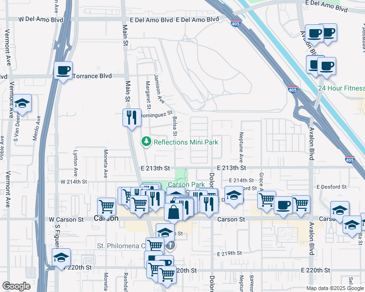 map of restaurants, bars, coffee shops, grocery stores, and more near 215 East 212th Street in Carson