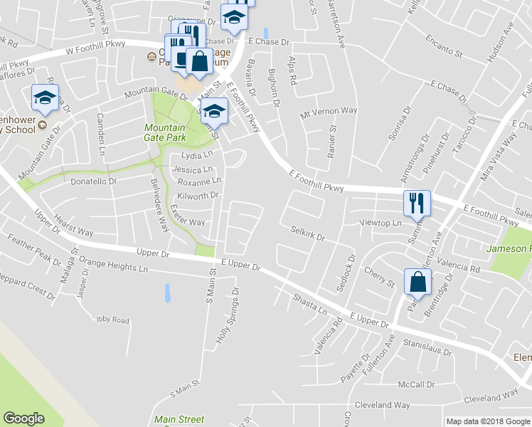 map of restaurants, bars, coffee shops, grocery stores, and more near 3415 Hawthorne Drive in Corona