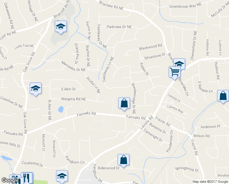 map of restaurants, bars, coffee shops, grocery stores, and more near 1826 Castleway Lane Northeast in Atlanta