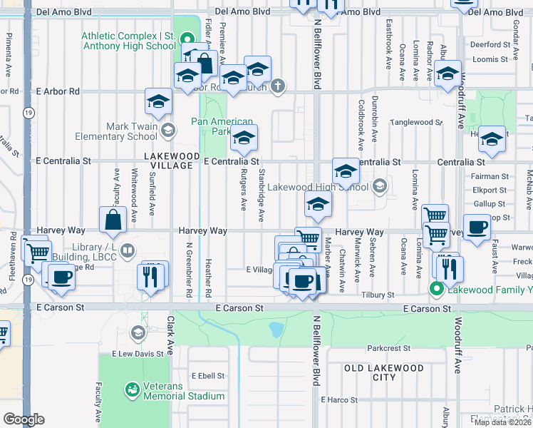 map of restaurants, bars, coffee shops, grocery stores, and more near 4328 Stanbridge Avenue in Long Beach