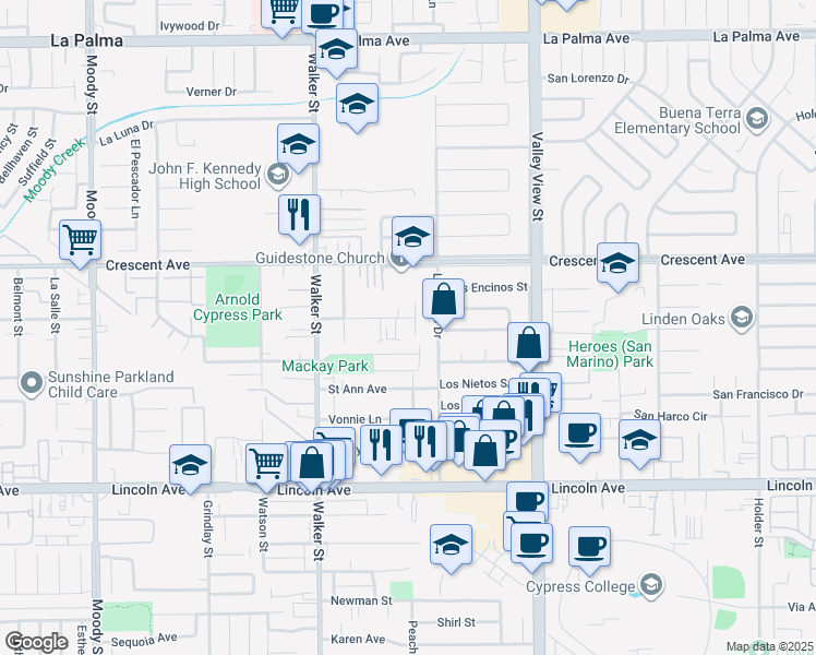 map of restaurants, bars, coffee shops, grocery stores, and more near 8641 Cypress Avenue in Cypress