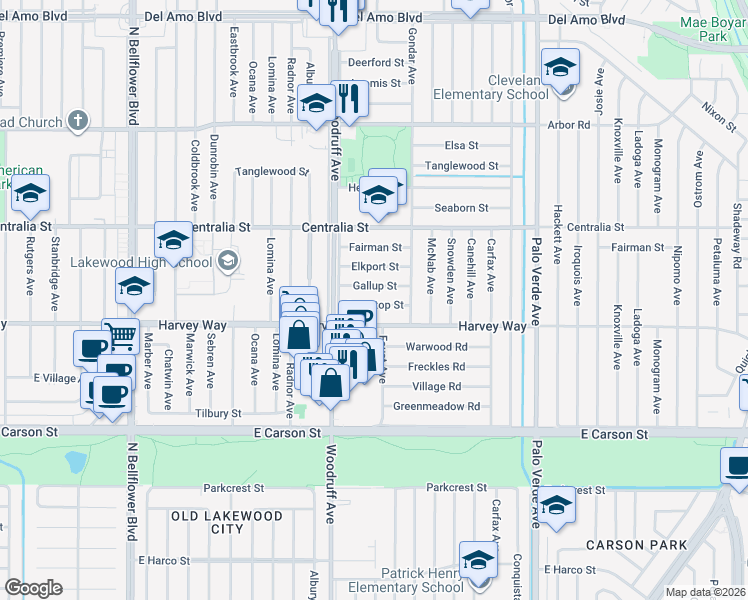 map of restaurants, bars, coffee shops, grocery stores, and more near 5943 Greentop Street in Lakewood