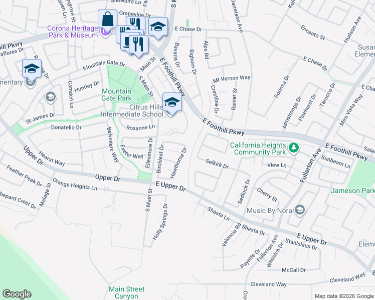 map of restaurants, bars, coffee shops, grocery stores, and more near 3415 Hawthorne Drive in Corona