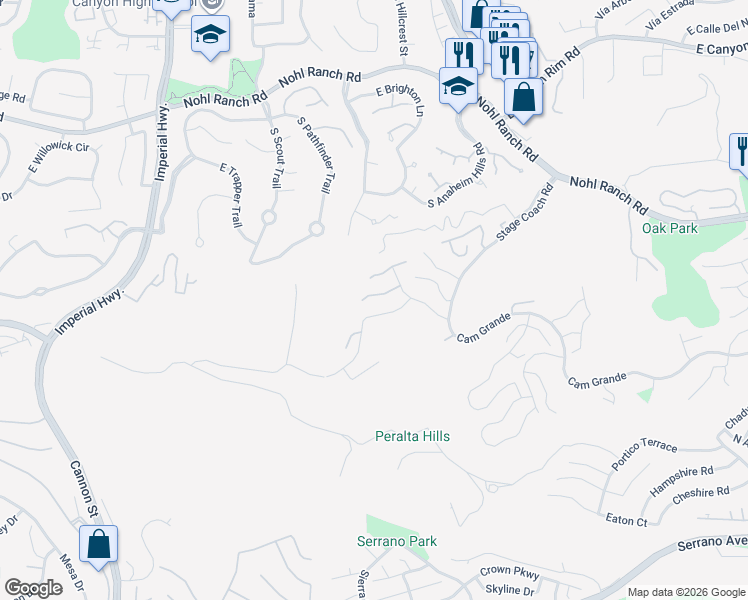map of restaurants, bars, coffee shops, grocery stores, and more near 720 South Palomino Lane in Anaheim