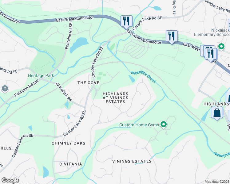map of restaurants, bars, coffee shops, grocery stores, and more near 4974 Highland Oaks Way in Mableton