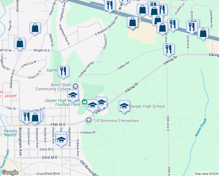 map of restaurants, bars, coffee shops, grocery stores, and more near 1700 14th Avenue East in Jasper