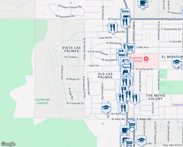 map of restaurants, bars, coffee shops, grocery stores, and more near 535 West Vía Lola in Palm Springs