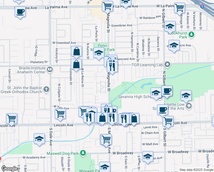 map of restaurants, bars, coffee shops, grocery stores, and more near 405 North Magnolia Avenue in Anaheim