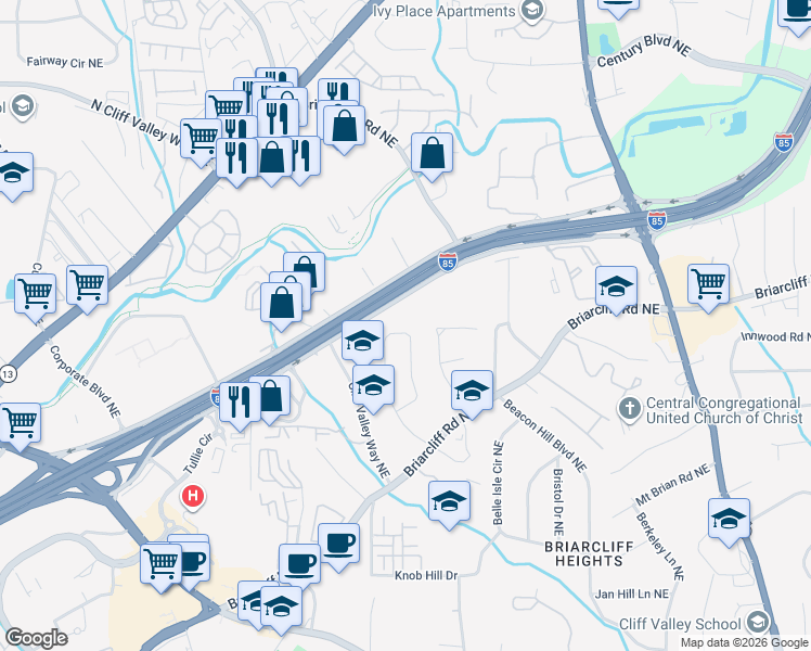 map of restaurants, bars, coffee shops, grocery stores, and more near 1886 Timothy Drive Northeast in Atlanta