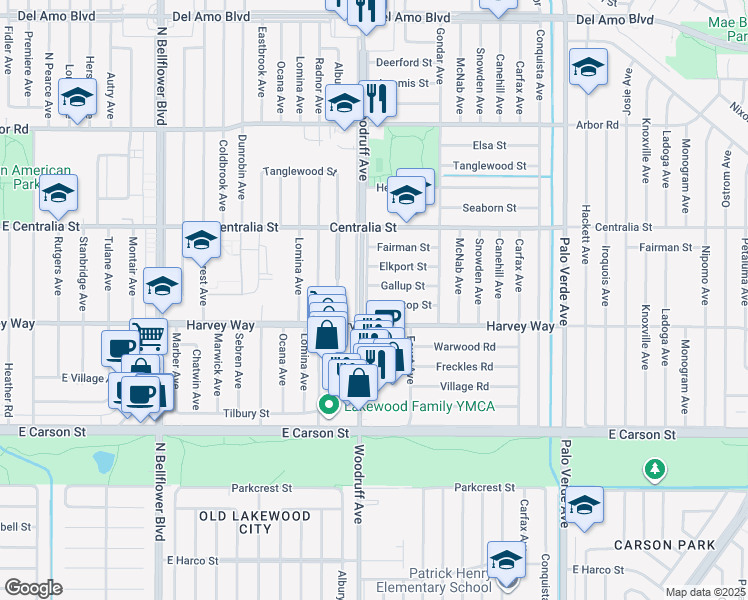 map of restaurants, bars, coffee shops, grocery stores, and more near 5907 Greentop Street in Lakewood