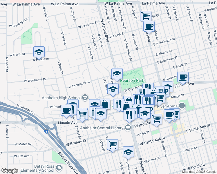 map of restaurants, bars, coffee shops, grocery stores, and more near 326 North Janss Street in Anaheim
