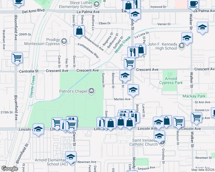map of restaurants, bars, coffee shops, grocery stores, and more near 4772 Grace Avenue in Cypress