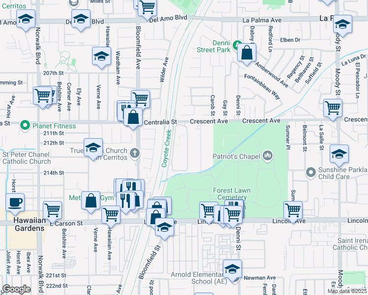 map of restaurants, bars, coffee shops, grocery stores, and more near 12750 Centralia Street in Lakewood