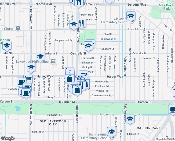 map of restaurants, bars, coffee shops, grocery stores, and more near 5943 Greentop Street in Lakewood