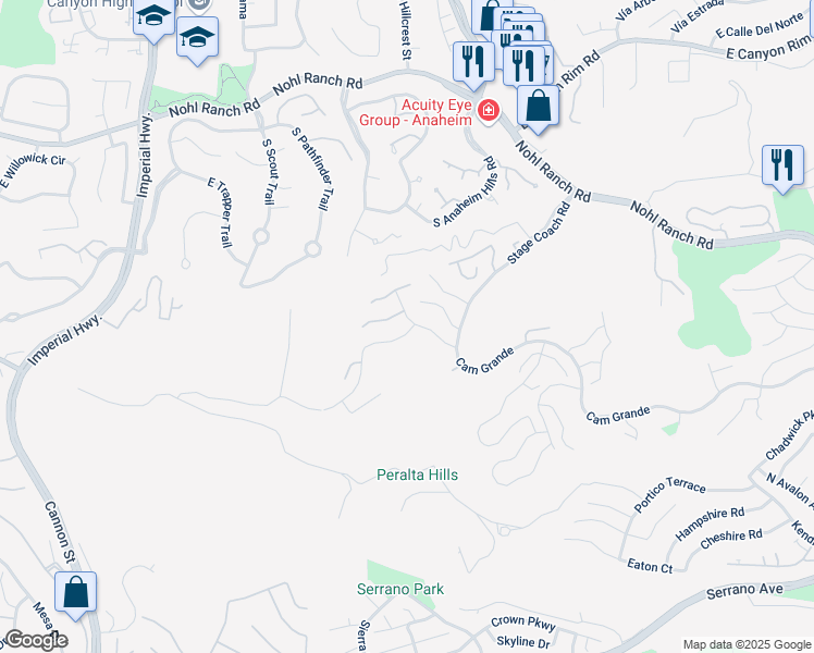 map of restaurants, bars, coffee shops, grocery stores, and more near 6041 East Queens Drive in Anaheim