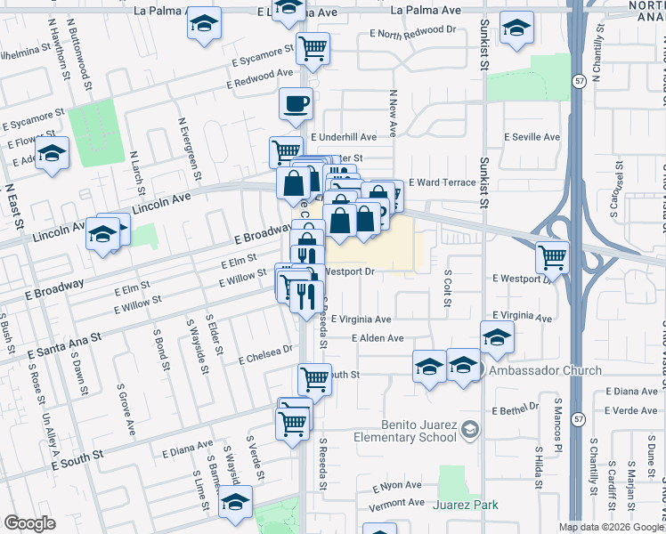 map of restaurants, bars, coffee shops, grocery stores, and more near 2103 East Westport Drive in Anaheim