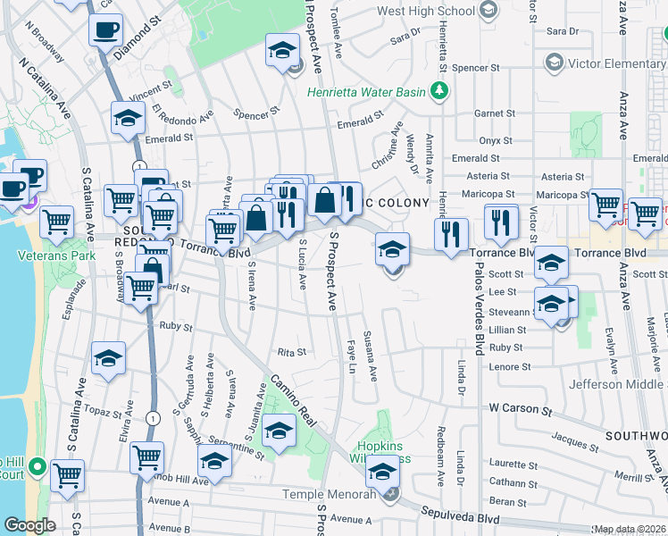 map of restaurants, bars, coffee shops, grocery stores, and more near 313 South Prospect Avenue in Redondo Beach