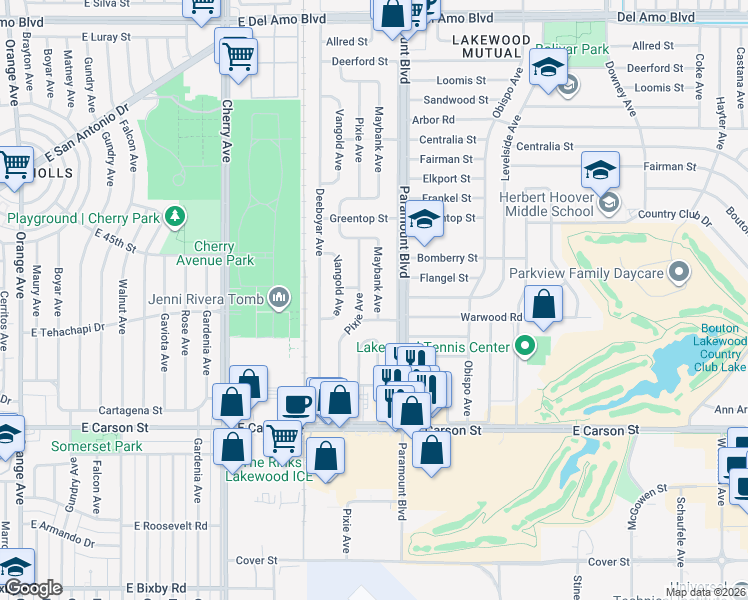 map of restaurants, bars, coffee shops, grocery stores, and more near 4323 Maybank Avenue in Lakewood