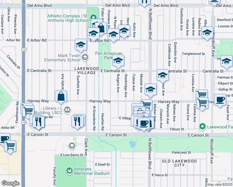 map of restaurants, bars, coffee shops, grocery stores, and more near 4329 Rutgers Avenue in Long Beach