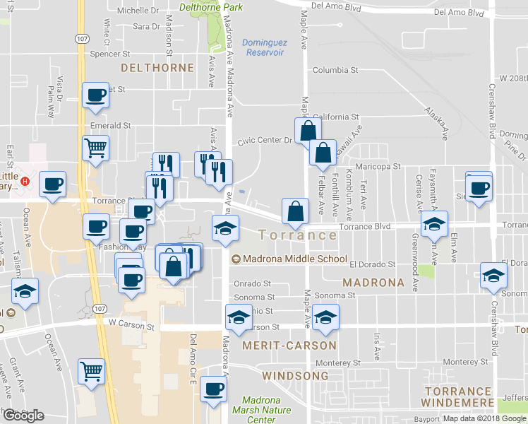 map of restaurants, bars, coffee shops, grocery stores, and more near 3221 Torrance Boulevard in Torrance