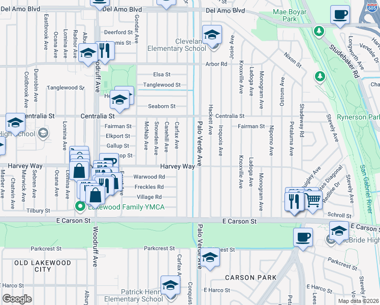 map of restaurants, bars, coffee shops, grocery stores, and more near 4330 Conquista Avenue in Lakewood