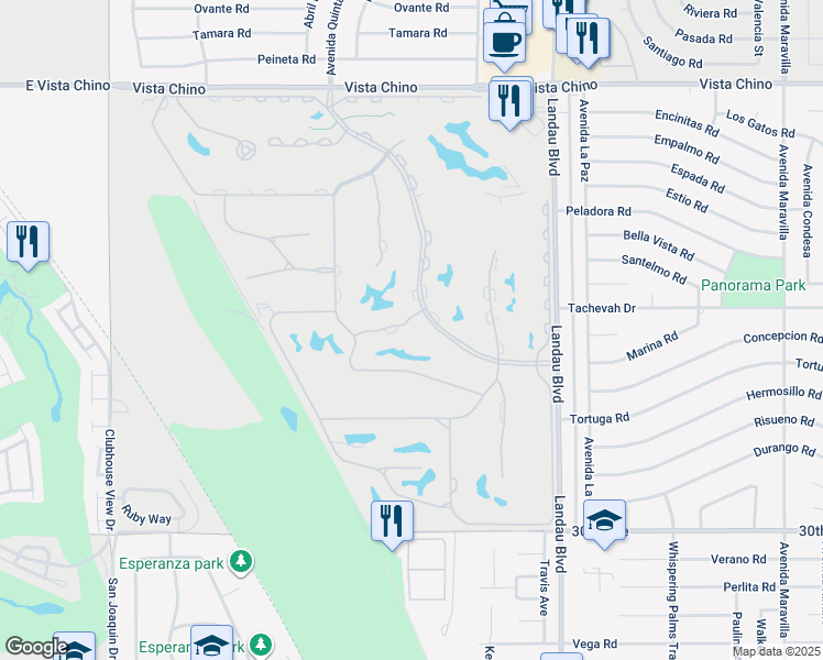 map of restaurants, bars, coffee shops, grocery stores, and more near 67663 Lagos Way in Cathedral City