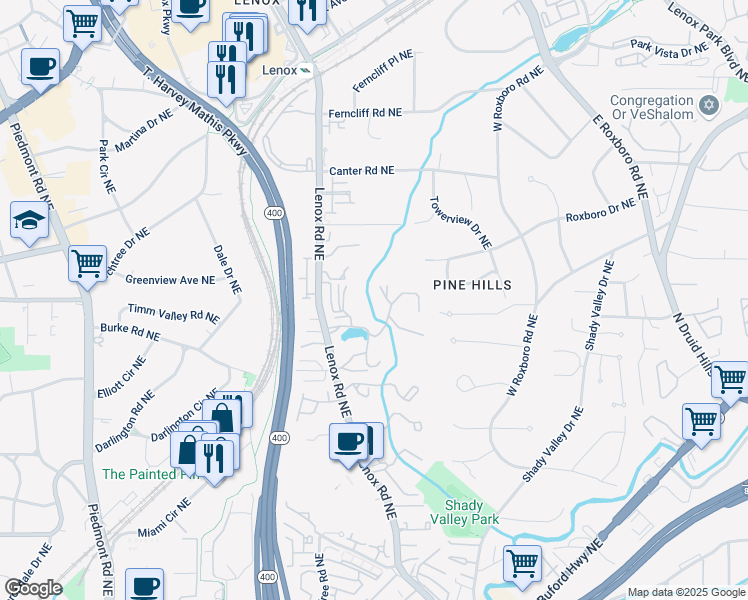 map of restaurants, bars, coffee shops, grocery stores, and more near 25305 Plantation Drive Northeast in Atlanta