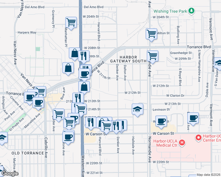 map of restaurants, bars, coffee shops, grocery stores, and more near 21142 La Salle Avenue in Torrance