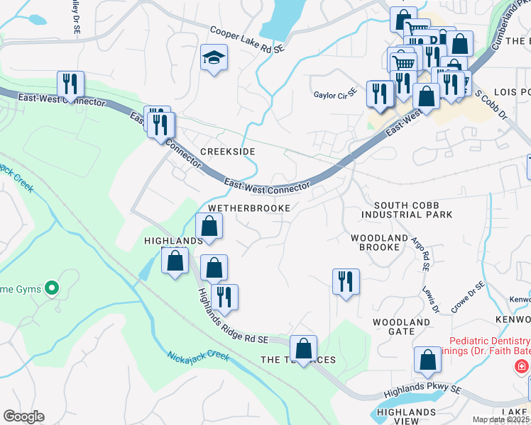 map of restaurants, bars, coffee shops, grocery stores, and more near 130 Wetherbrooke Lane Southeast in Smyrna