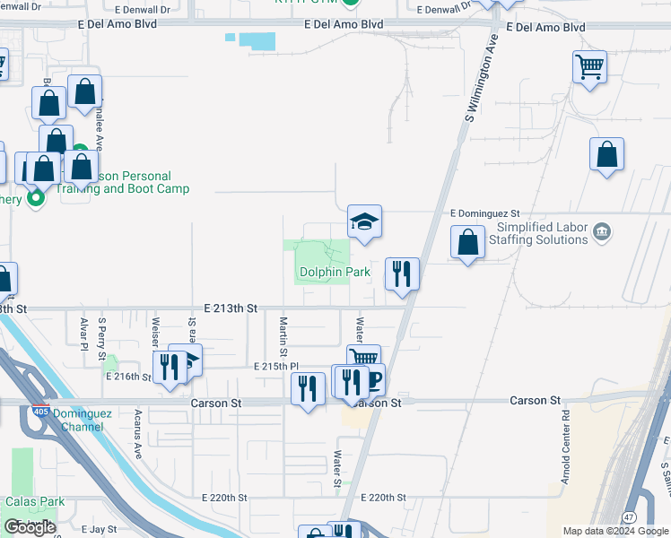 map of restaurants, bars, coffee shops, grocery stores, and more near 21205 Water Street in Carson
