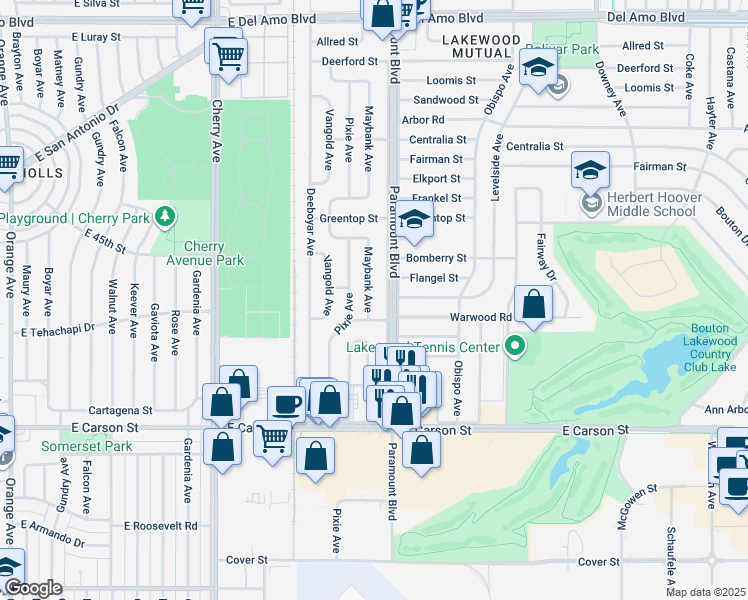 map of restaurants, bars, coffee shops, grocery stores, and more near 4322 Maybank Avenue in Lakewood