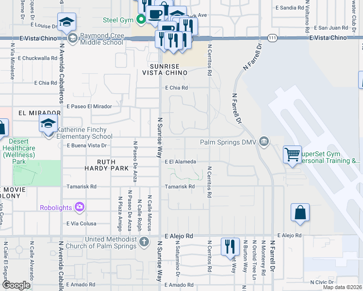 map of restaurants, bars, coffee shops, grocery stores, and more near 1855 East Tachevah Drive in Palm Springs