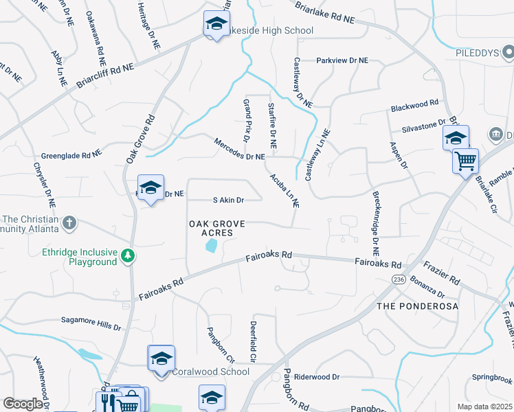 map of restaurants, bars, coffee shops, grocery stores, and more near 2046 South Akin Drive in Atlanta