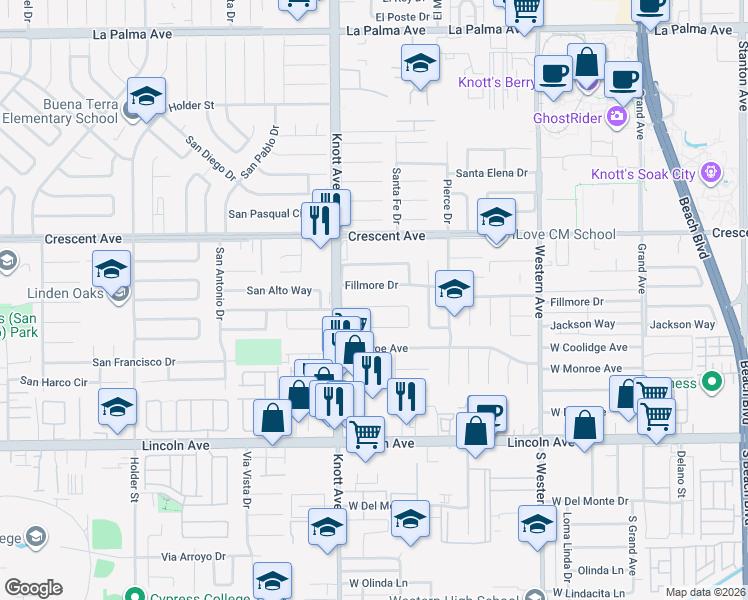 map of restaurants, bars, coffee shops, grocery stores, and more near 7055 Hoover Way in Buena Park