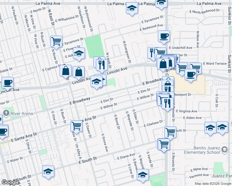 map of restaurants, bars, coffee shops, grocery stores, and more near 1522 East Broadway in Anaheim