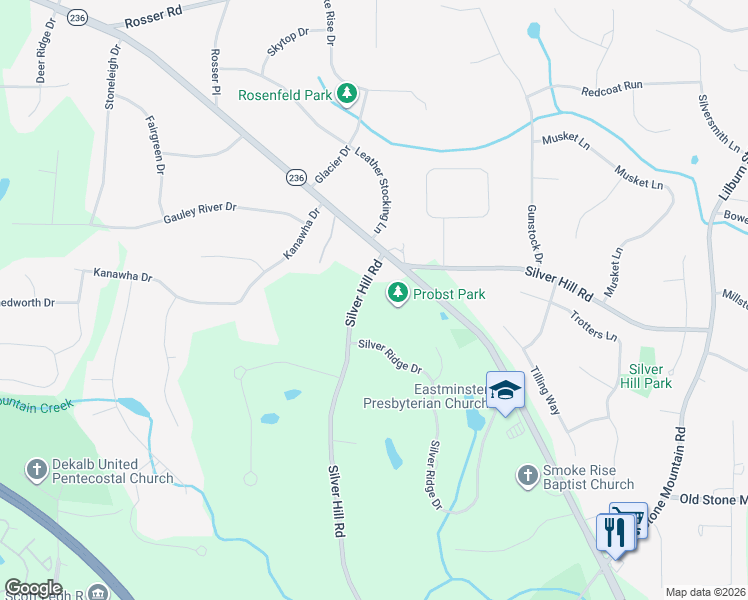 map of restaurants, bars, coffee shops, grocery stores, and more near 1867 Silver Hill Road in Stone Mountain