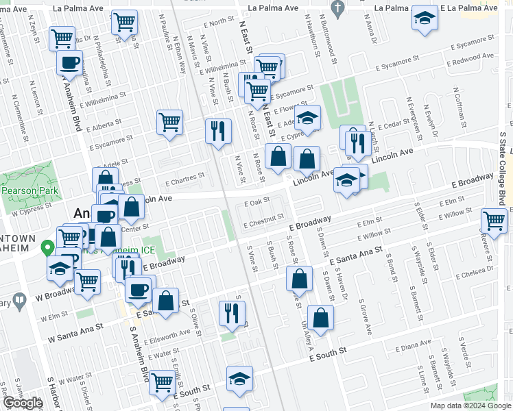 map of restaurants, bars, coffee shops, grocery stores, and more near 990 East Oak Street in Anaheim