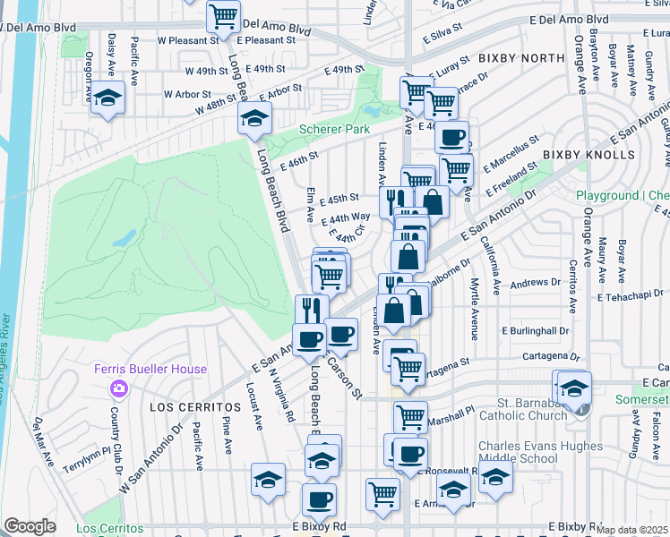 map of restaurants, bars, coffee shops, grocery stores, and more near 4357 Elm Avenue in Long Beach