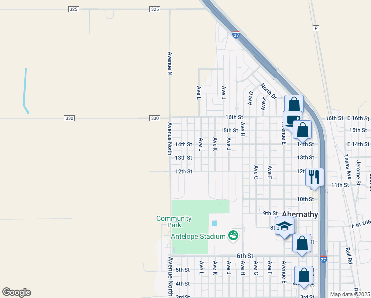 map of restaurants, bars, coffee shops, grocery stores, and more near 1309 Avenue M in Abernathy
