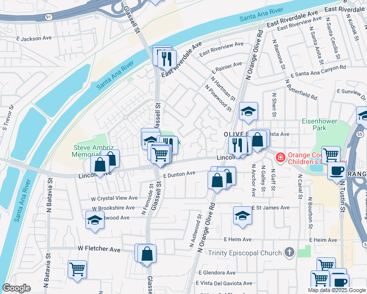 map of restaurants, bars, coffee shops, grocery stores, and more near 321 West Lincoln Avenue in Orange