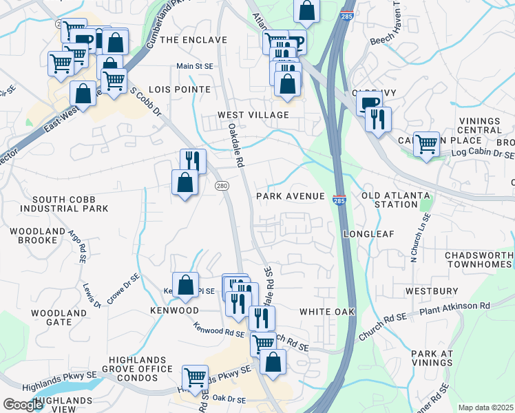 map of restaurants, bars, coffee shops, grocery stores, and more near 4798 Terramond Lane Southeast in Smyrna