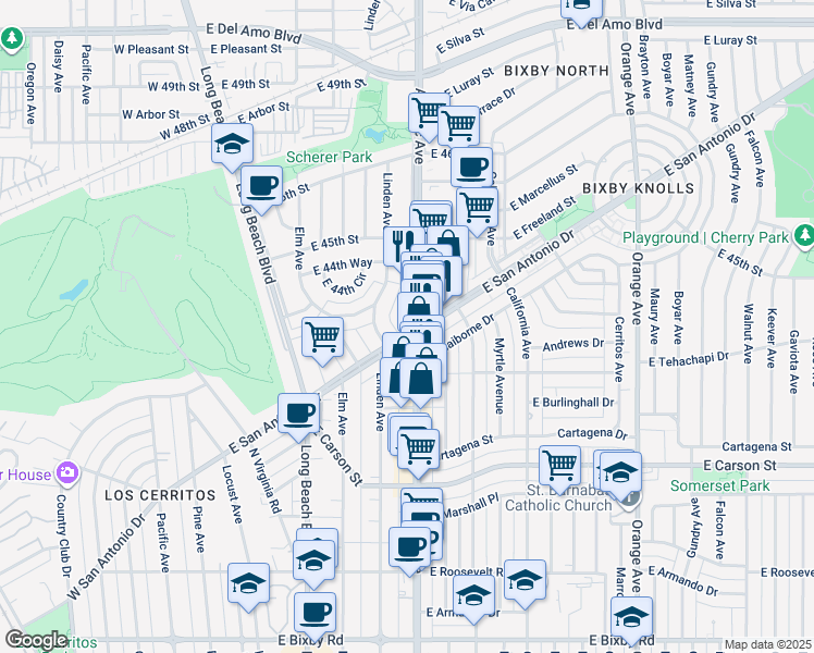 map of restaurants, bars, coffee shops, grocery stores, and more near 4401 Atlantic Avenue in Long Beach