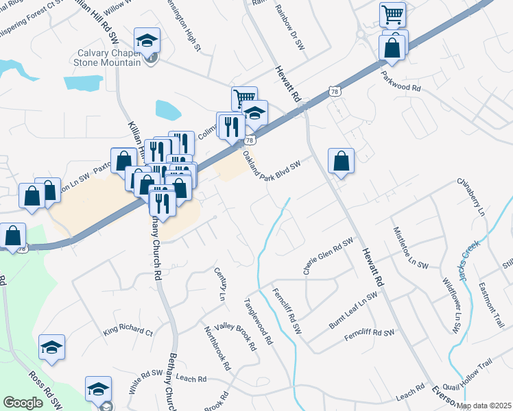 map of restaurants, bars, coffee shops, grocery stores, and more near 3658 Oakland Spring Court in Snellville
